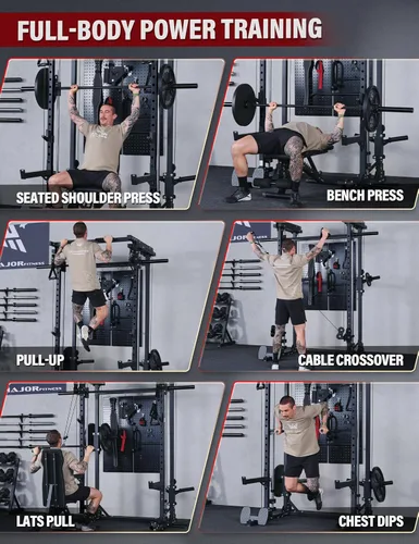 Miniatura 7 de MAJOR FITNESS Drone3 Smith Machine, 2500 libras todo en uno para gimnasio en casa con sistema de polea doble para cable cruzado, barras de dominadas