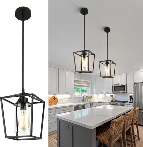 Miniatura 11 de Luces colgantes negras para isla de cocina, 1 luz de granja para cocina, iluminación colgante sobre la isla, jaula de metal, luces colgantes