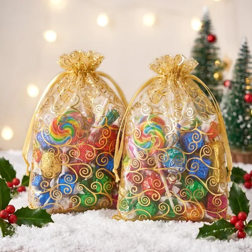 Miniatura 4 de joycraft 50 bolsas de regalo de organza – 11.8 x 7.9 pulgadas, bolsas de regalo de malla dorada con cordón, bolsa de organza para regalo de San