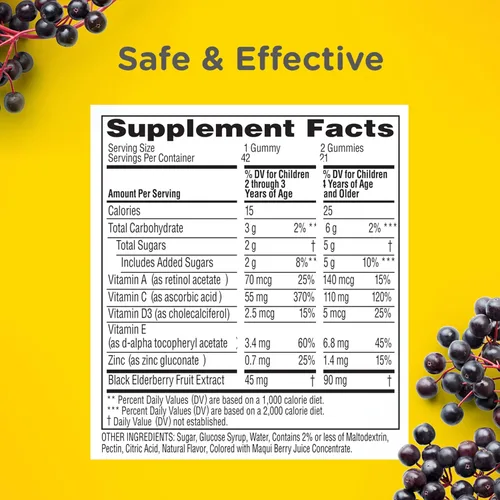 Miniatura 6 de Zarbee’s Gomitas de suplemento de apoyo inmunológico de saúco para niños, vitaminas A C D3 E y zinc, extracto de saúco, sin gluten ni gelatina, sin