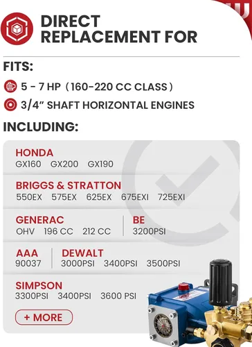 Miniatura 3 de WOJET Bomba de lavado a presión de émbolo triplex, 3600PSI 2.7GPM, eje de 3/4 pulgadas, autocebante, kit de bomba de repuesto horizontal