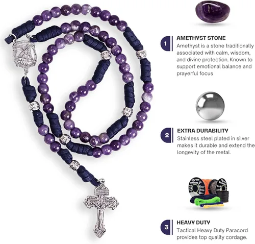 Miniatura 17 de Nazareth Store Rosario de cuerda de paracaídas de San Miguel, collar de rosario resistente y rosario de una década, cuentas de piedra natural
