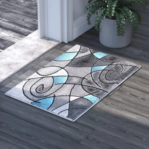 EMMA + OLIVER Alfombra decorativa de olefina de felpa, patrón geométrico abstracto, tonos grises degradados con detalles azules vibrantes, 2 x 3,