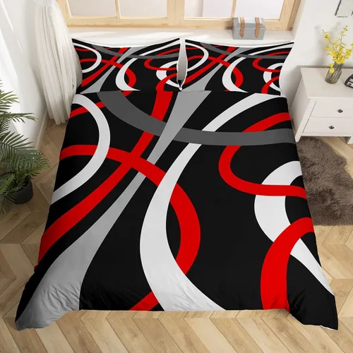 Feelyou Juego de funda de edredón geométrica de color rojo, negro y gris, juego de ropa de cama retro con remolinos circulares a rayas circulares,