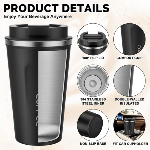 Miniatura 6 de MOMSIV Taza de viaje de 17 onzas, taza de café aislada con tapa a prueba de fugas, vaso reutilizable de doble pared de acero inoxidable al vacío