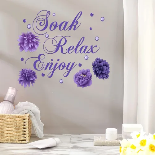 Miniatura 5 de Xuniea Calcomanías de pared de baño moradas Soak Relax Enjoy Spa, calcomanías impermeables para decoración de pared para dormitorio, baño, cocina