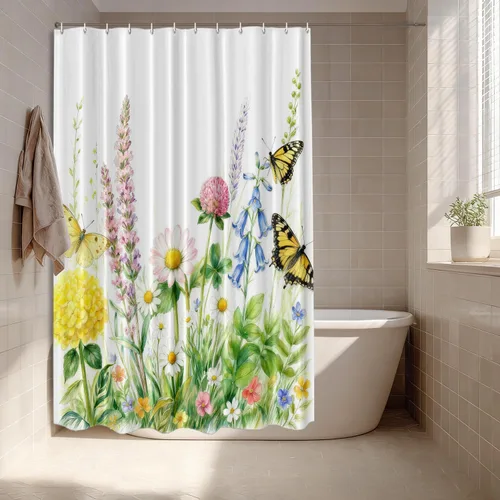 Miniatura 4 de Batmerry Cortina de ducha decorativa botánica con hojas blancas, flores románticas, borde victoriano, libélula y flores silvestres, bonita y ancha