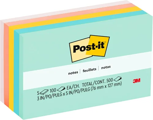 Post-it Notas, 3 x 5 pulgadas, 5 blocs de notas adhesivas favoritas de Estados Unidos, colección Marsella, colores pastel (rosa, menta, amarillo),