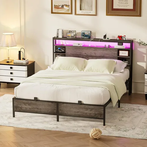Miniatura 7 de Unikito Base de cama de tamaño individual con estación de carga y luz LED RGB, plataforma resistente con cabecera de almacenamiento, listones