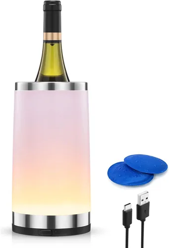 Miniatura 10 de Enfriador de vino con lámpara táctil RGB Cubo enfriador de botellas de vino Aislador de doble pared con 2 bolsas de hielo para champán de 25.4