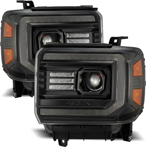 AlphaRex serie luxx Alpha Negro Ajuste 14-18 GMC Sierra 1500/15-18 Sierra 2500HD/3500HD Faros delanteros LED DRL Tubo Proyector con luz de activación