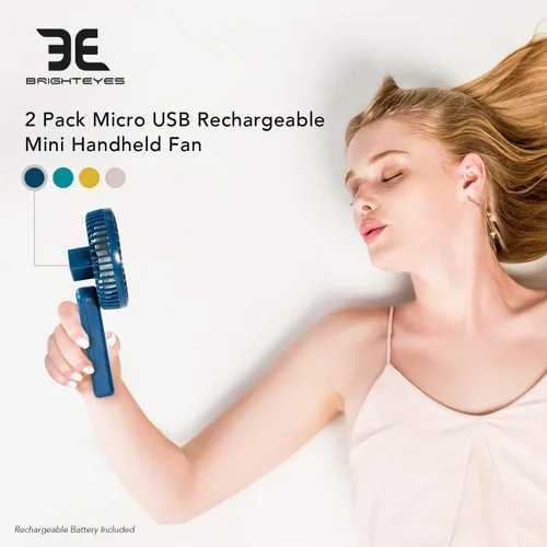 Miniatura 2 de Bright Eyes Ventilador de mano con mango ajustable giratorio Paquete de 2 Ideal para sofocos Recargable con micro USB (amarillo)