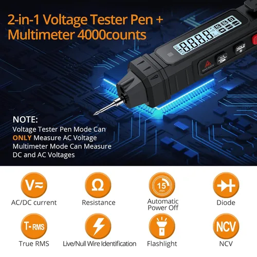 Miniatura 3 de Neoteck 2 en 1 Multímetro Digital Tipo Pluma y Probador de Voltaje de 4000 Unidades, Multímetro Inteligente TRMS, Probador de Voltaje sin Contacto