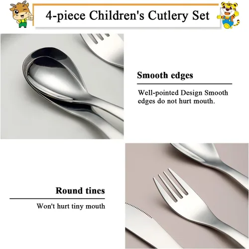 Miniatura 5 de Berglander Juego de cubiertos de acero inoxidable para niños pequeños, 4 piezas, cubiertos de tenedores y cucharas seguros para niños, cubiertos