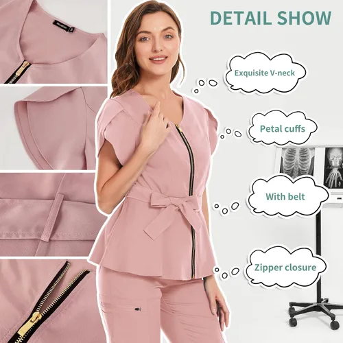 Miniatura 4 de niaahinn Conjunto de ropa quirúrgica para mujer, uniforme médico, camiseta y pantalones con cremallera y cordón, ropa de trabajo dental