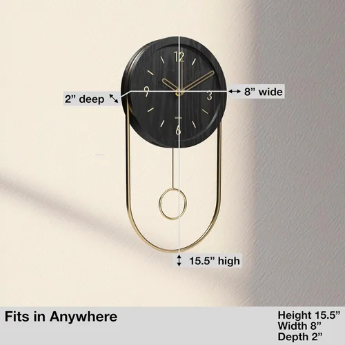 Miniatura 4 de Driini Reloj de pared decorativo con péndulo (negro) – Madera moderna, números dorados 3D, marco de metal – Relojes de pared pequeños y únicos