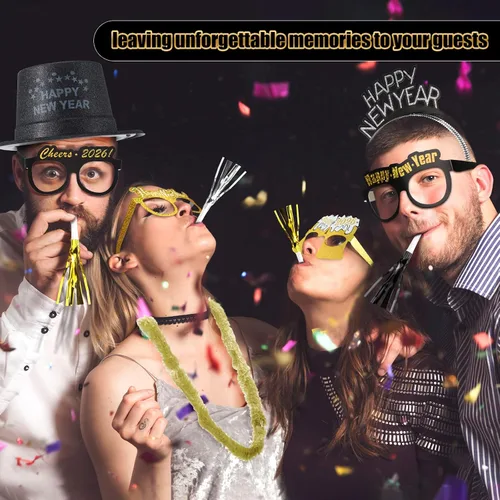 Miniatura 5 de Silipull 192 piezas de suministros de fiesta de Nochevieja 2026 para 48 invitados – Gorros Top Tiaras, Diademas, gafas, collar de cuentas, cuernos