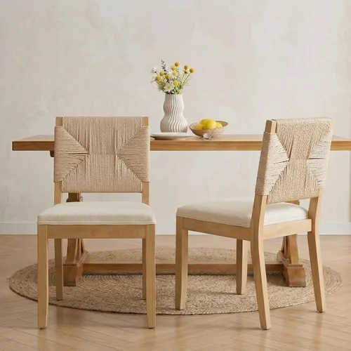 Juego de 2 sillas de comedor vintage francesas de campo, sillas de comedor con respaldo tejido de cuerda, silla de comedor tapizada beige, sillas