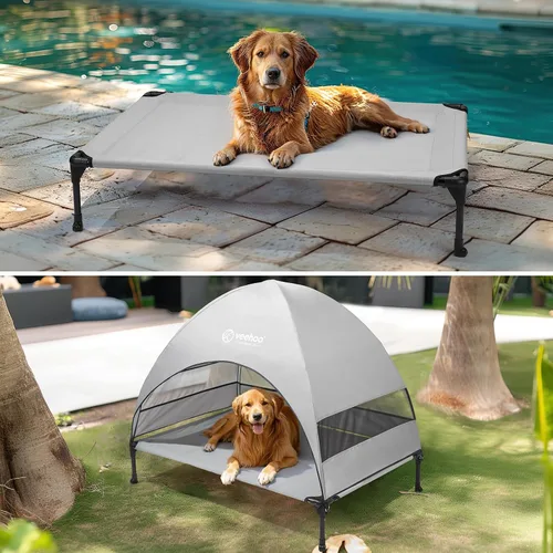 Miniatura 6 de Veehoo Cama para perros con dosel para exteriores, cuna elevada para mascotas con toldo extraíble y enfriamiento, pies antideslizantes, cuna elevada