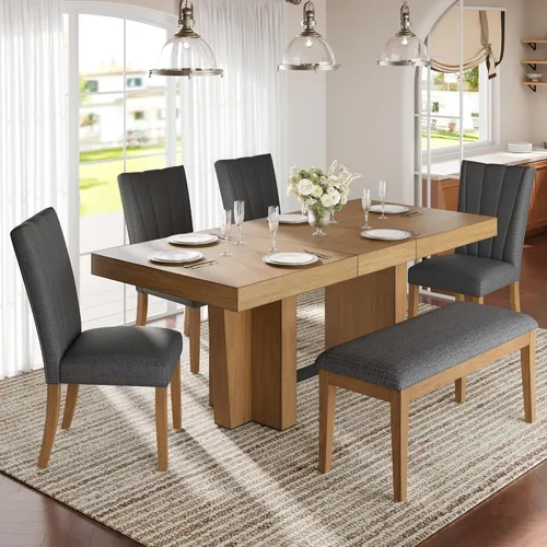 Miniatura 9 de Merax Farmhouse - Juego de 6 mesas de comedor de madera extensibles de 82 pulgadas, 4 sillas con respaldo, banco para 2 personas con cojín