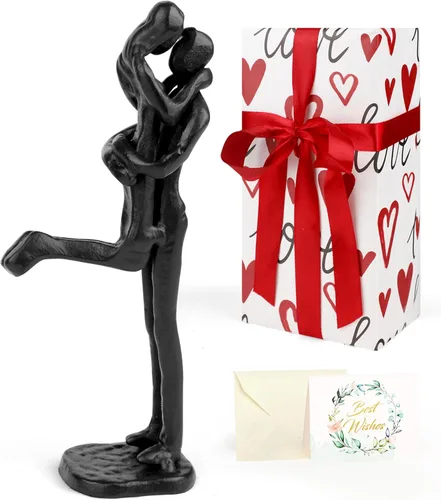 Miniatura 16 de Kresecioo Aniversario para pareja/ella, estatua de pareja cariñosa besándose debajo del paraguas, escultura de hierro fundido hecha a mano