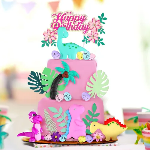 Miniatura 7 de 35 piezas de decoración de pastel de dinosaurio con hojas de macaron modelo rosa para niñas, decoración de pastel de dinosaurio para fiesta