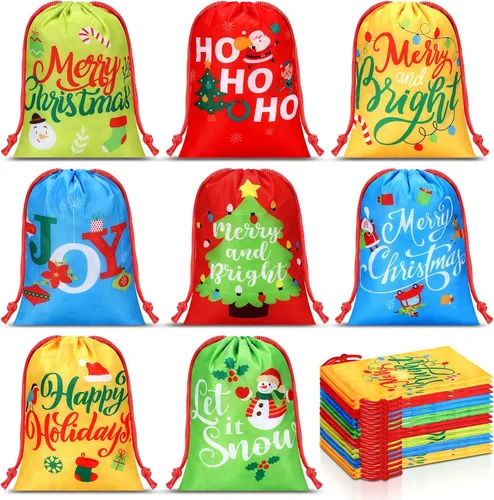 Miniatura 7 de Xuniea 24 Piezas Bolsas de Tela con Cordón Navideñas Muñeco de Nieve Santa Bolsas de Golosinas 10 x 7 Pulgadas Bolsa de Envolver Regalos Navideños