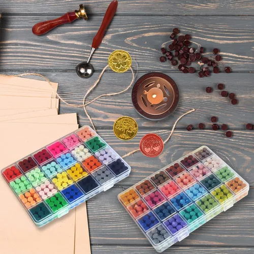 Miniatura 7 de Kit de sellos de cera con caja de regalo, 48 colores, 1200 piezas de cuentas de cera de sellado con 2 piezas de sellos, calentador, cuchara