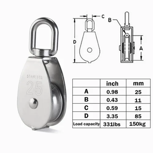 Miniatura 2 de Grúa de cuerda de alambre de acero inoxidable M25, bloque de polea doble, grúa de elevación, gancho giratorio de un solo bloque de polea, rueda