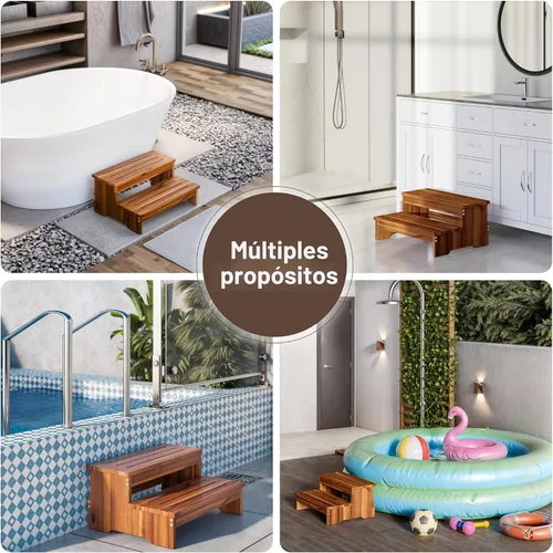 Miniatura 6 de TINAMO Taburete de 25 pulgadas de largo para adultos y niños, taburete de dos escalones de madera de acacia, 500 libras, elevador de madera de 2