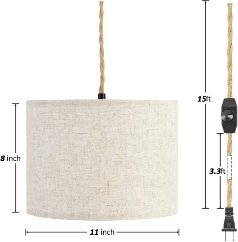 Miniatura 4 de KUAUGST - Luz colgante enchufable, lámpara colgante con cable enchufable con interruptor regulable, lámpara colgante con 15 pies de cuerda