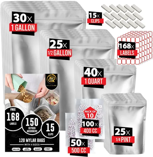 120 Bolsas de Mylar con 150 Absorbentes de Oxígeno - 168 Etiquetas y Bolsas Reclinables Reutilizables de 4 Tamaños Herméticas a Prueba de Olores con
