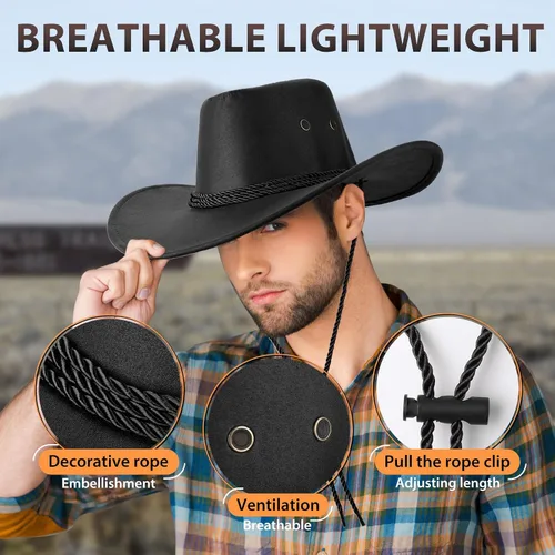 Miniatura 8 de Mens Faux Felt Western Cowboy Hat Fedora Outdoor Wide Brim Cowgirl Hat with Strap