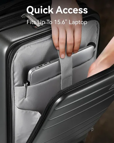 Miniatura 3 de LUGGEX Maleta de mano con bolsillo frontal, maleta rígida de policarbonato expandible con puerto USB, Negro -, Maleta de mano