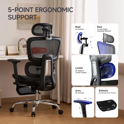 Miniatura 4 de Silla de oficina con reposapiés, silla ergonómica con reposacabezas 3D, silla de computadora con respaldo ajustable y reposabrazos 3D, silla de Negro
