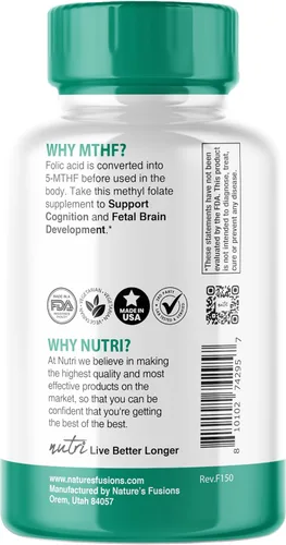 Miniatura 3 de Nutri 5-MTHF L Metilfolato 1MG - Suministro para 4 meses, 120 tabletas veganas - Suplemento de folato metilado - Función cognitiva, salud cardíaca