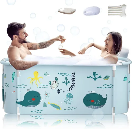 Miniatura 8 de Bañera plegable portátil extra grande de 53 pulgadas con marco de metal para adultos, bañera familiar con cubierta para baño pequeño, bañera gruesa