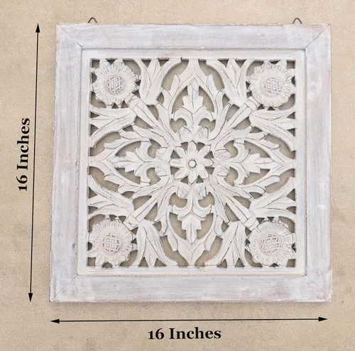 Miniatura 4 de DharmaObjects Decoración de panel de pared de madera de loto hecho a mano, arte colgante de 16 x 16 pulgadas (blanco lavado)