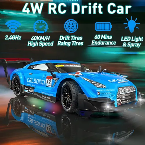 Miniatura 4 de 1:16 Spray RC Drift Car para niños 4WD 2.4GHz 40KM/H Auto de control remoto de alta velocidad con luces LED neumáticos de deriva y 2 baterías, Azul