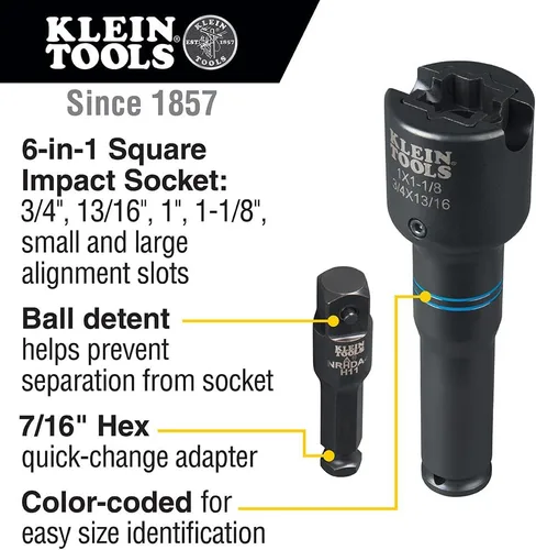 Miniatura 2 de Klein Tools NRHD4, juego de enchufes de impacto, llave de enchufe SAE 6-en-1, enchufes de 4 puntas: enchufes de 3/4, 13/16, 1, 1-1/8 pulgadas