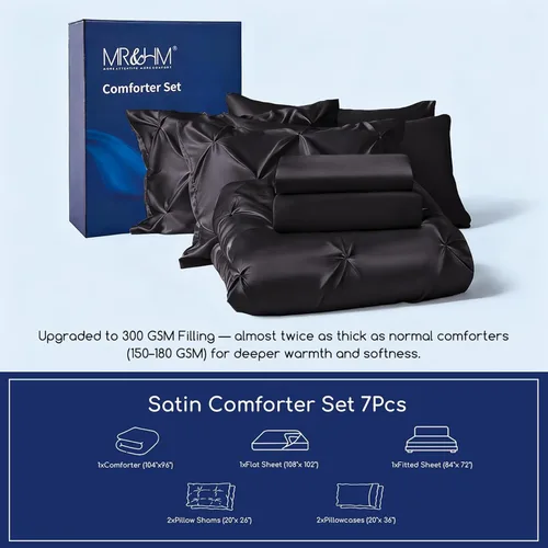 Miniatura 2 de MR&HM Edredón de satén California King de 7 piezas, color negro, lujoso juego de ropa de cama plisado con edredón, sábana encimera, sábana bajera