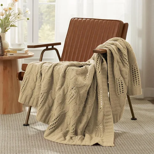 Miniatura 2 de Amélie Home Manta de Tiro de Punto Grueso, Manta de Chenilla Suave de Doble Cara Transpirable con Tejido de Cable para Sofá, Manta Decorativa