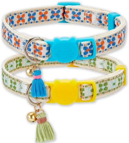 Miniatura 9 de Paquete de 2 collares de gato con bonito patrón colorido para gato, niño y niña, longitud ajustable con borla de campana, patrón tribal bohemio