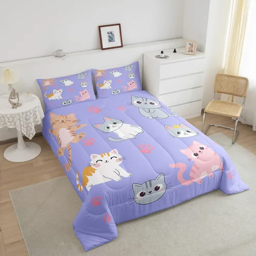 Miniatura 50 de Erosebridal Juego de ropa de cama para niños, tamaño individual, diseño de gatos de dibujos animados, para niñas, niños y adolescentes, edredón