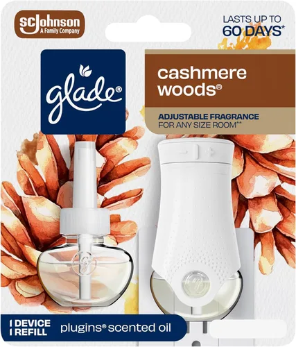 Glade PlugIns Repuestos Ambientador Kit de Iniciación, Maderas de Cachemira, Aceites Perfumados y Esenciales para el Hogar y el Baño, 0.67 Fl Oz, 1