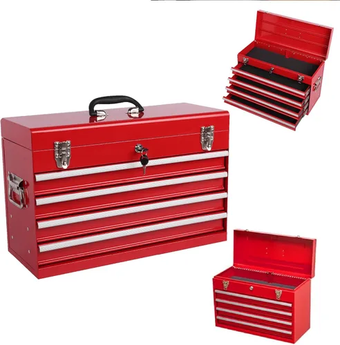 Miniatura 12 de Caja de herramientas de metal de 4 cajones, caja de herramientas portátil de acero con cierre de pestillo de metal y bloqueo de llave, bandeja