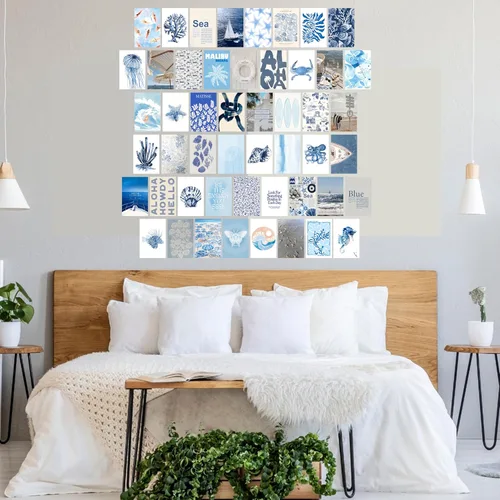 Miniatura 8 de Arte de pared de surf costero de playa, juego de 50 pósteres e impresiones de collage sin marco, decoración de pared de playa retro azul, decoración