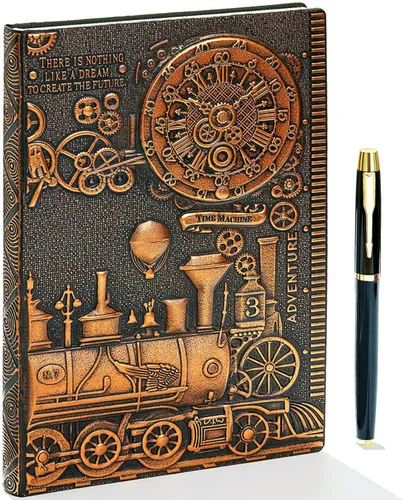 Diario de Escritura de Cuero Repujado con Tren Vintage con Juego de Bolígrafos, Libreta Diaria Antigua Hecha a Mano Cuaderno de Bocetos, Diarios de