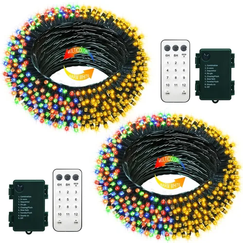 Miniatura 9 de echosari Paquete de 2 Luces de Cadena de Navidad a Batería, Cable Verde de 32 pies 100 Luces de Cadena de Hadas LED con Control Remoto Temporizador
