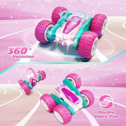 Miniatura 4 de Tecnock - Auto a control remoto rosa para niñas y niños, autos RC de 2.4GHz con carga fácil USB-C, 4WD de doble cara que gira 360° y hace